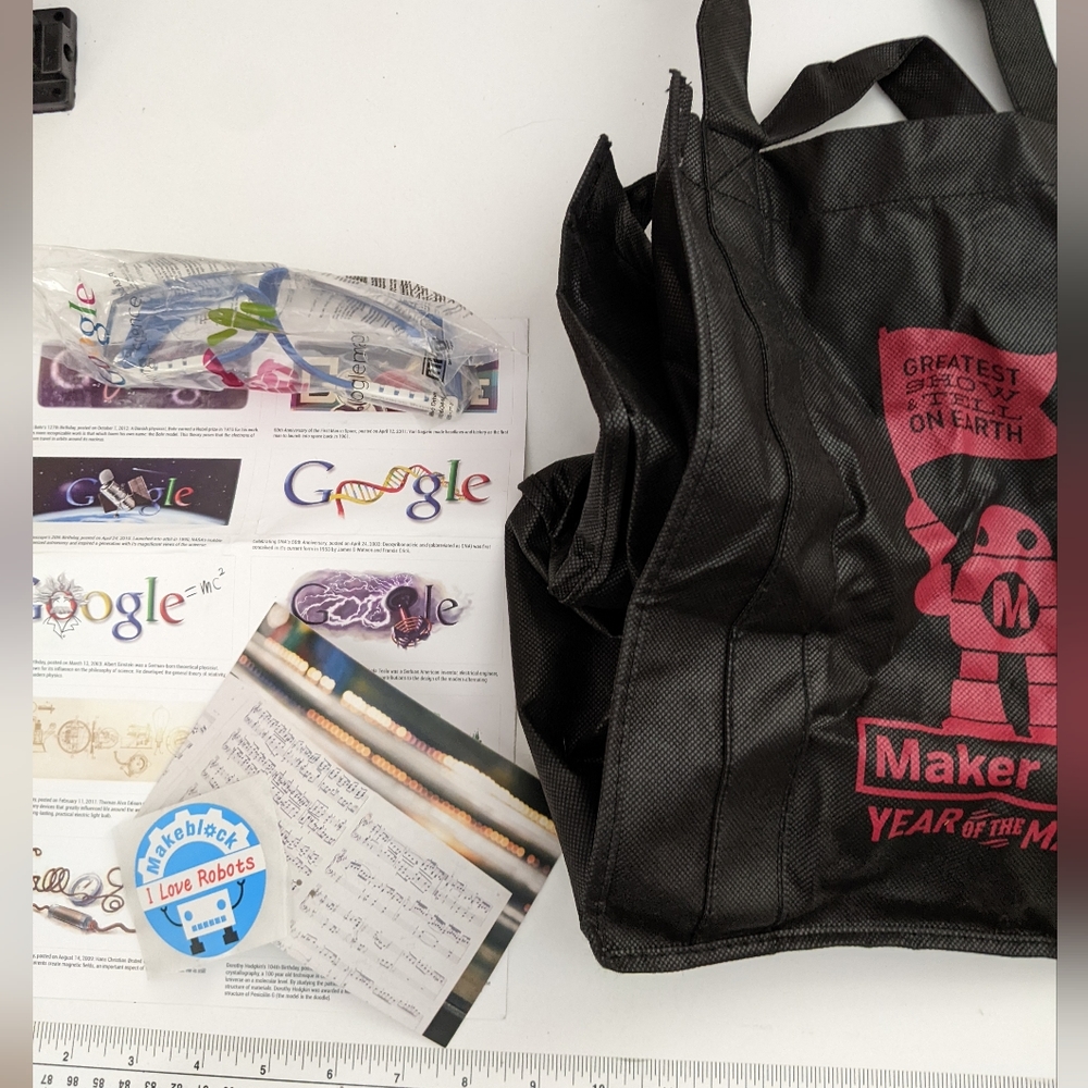 Google glasses/goggles, logo stickers and Makers Faire tote bag - Swag Bundle
